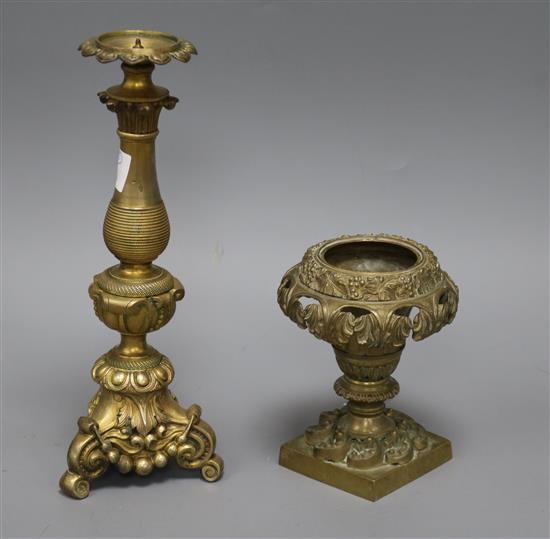 An ormolu lamp base and a brass censer tallest 29.5cm